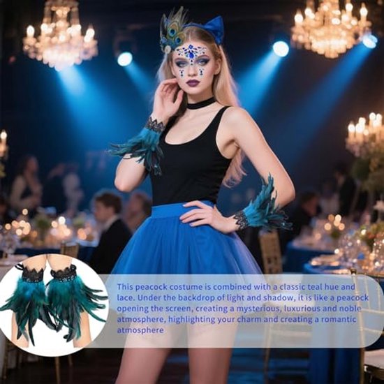 YOUYIKE Pauwenkostuum voor dames, 3-delige set veerkraag, manchetten, tule rok, gothic heksenkostuum voor carnaval, Halloween, maskerade, feest