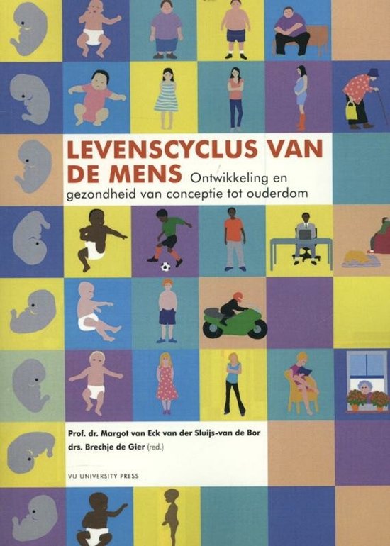Boekomslag 'Levenscyclus van de mens' met afbeeldingen van mensen in verschillende levensfasen.