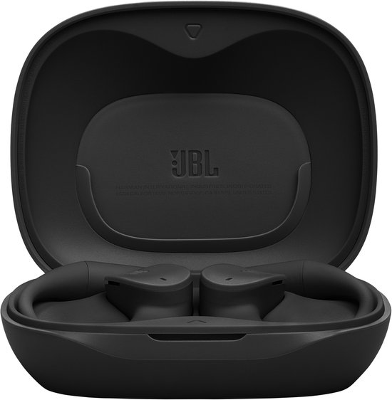 Écouteurs JBL Sense Lite noirs dans un boîtier de charge noir ouvert.