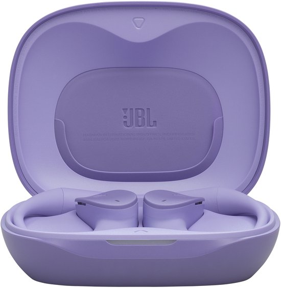 Paarse JBL Sense Lite oordopjes in open paarse laadcase met JBL logo.