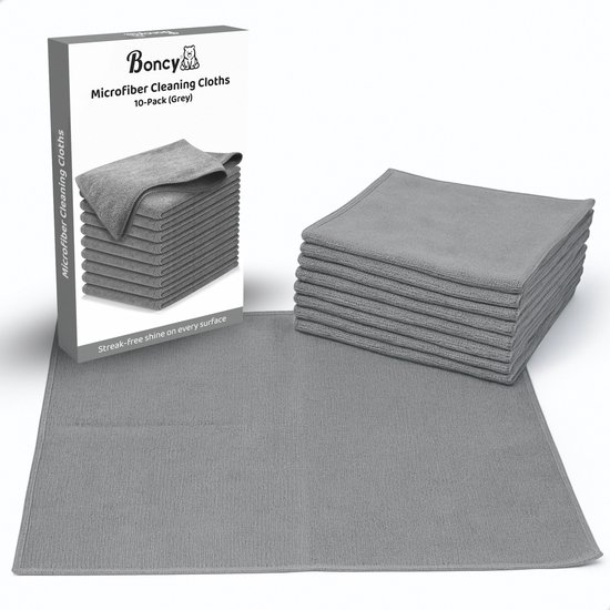 Doos met 10 grijze microvezeldoeken van Boncy, naast een gestapelde en een uitgevouwen doek.