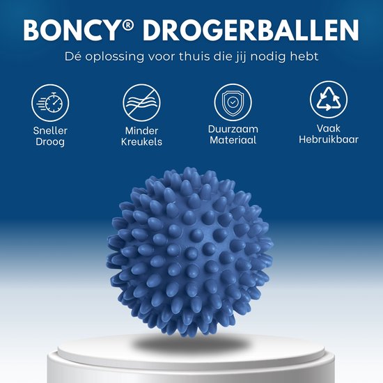Une boule de séchage bleue et hérissée sur un piédestal, avec des icônes pour un séchage plus rapide, moins de plis, durable et réutilisable.