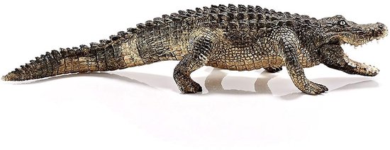 Een speelgoedkrokodil, olijfgroen met zwarte patronen, van de zijkant gezien.