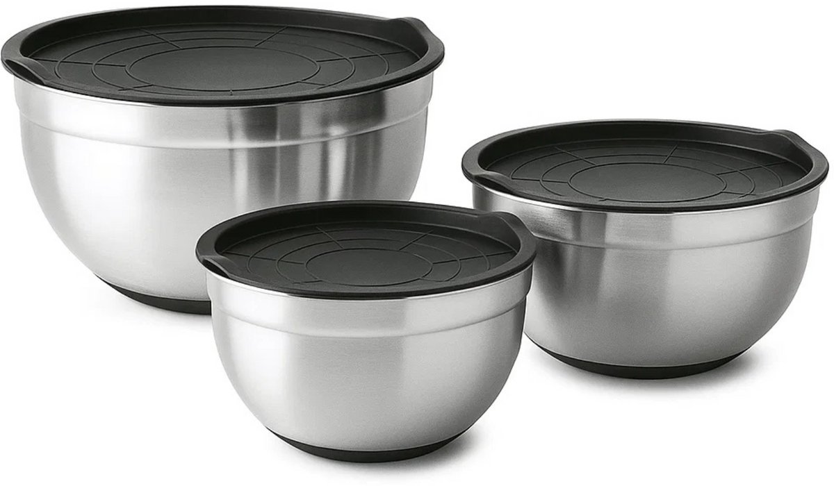 Lomera Roestvrijstalen Mengkommen - Set Van 3 - Met Deksel - Stapelbaar Design - 201 Stainless Steel - Afsluitbare Deksels - Kom - Keuken Accessoires - 3, 2 En 1 Liter Inhoud - Mengkom - Beslagkom