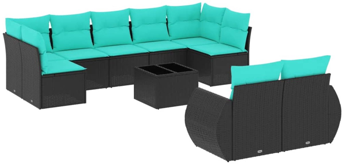 vidaXL - 10-delige - tuinbankset - met - kussens - van - zwart - polyrotan