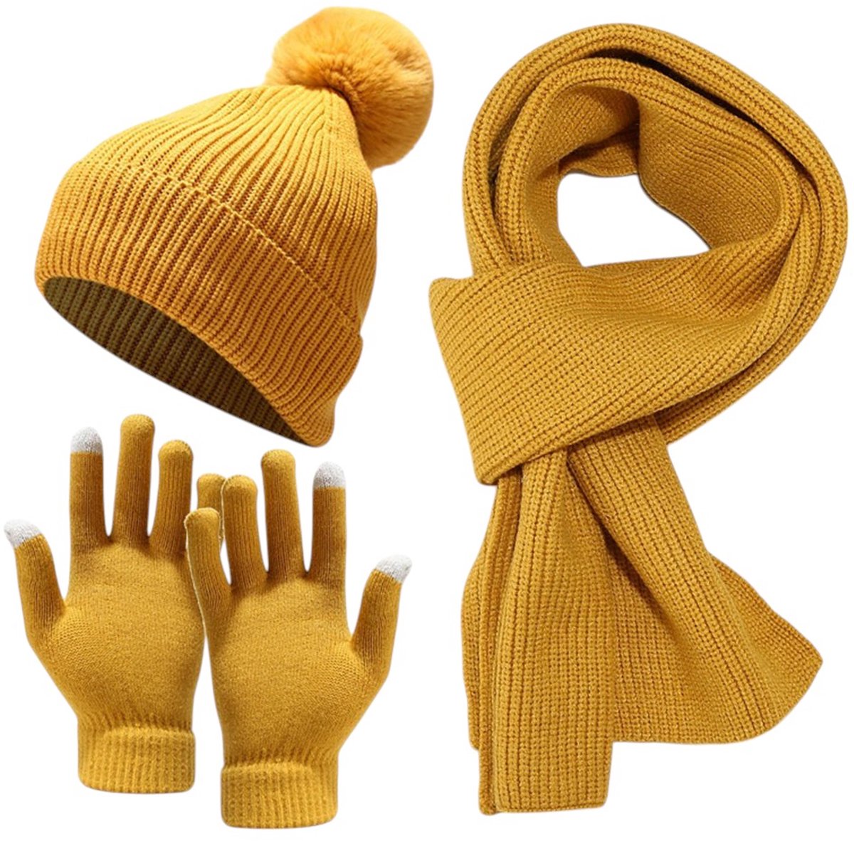 Wintermuts-Schal-Handschuhe-Set-Strickmütze-Geel