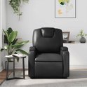 Zwarte, verstelbare fauteuil met hoge rugleuning en neksteun in een woonkamer.
