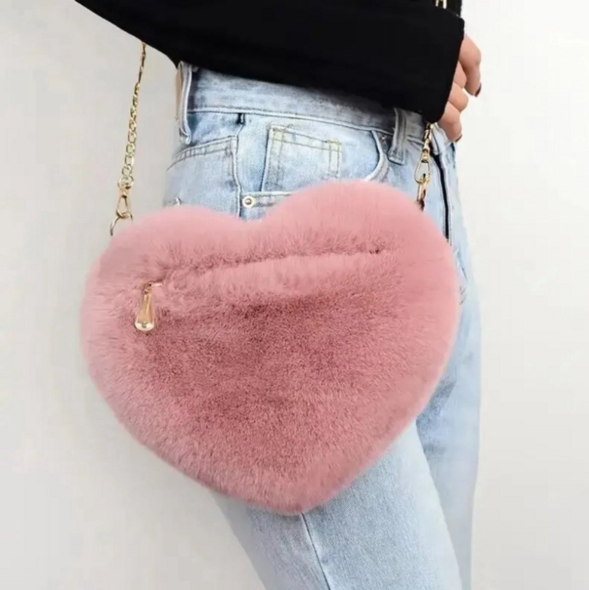 Hartvormige Pluizige Schoudertas - Mode Crossbody Tas met Ritssluiting - Lieve Pluche Handtas en Portemonnee voor Valentijnsdag, Dames Tas, Schattige Valentijns Cadeau