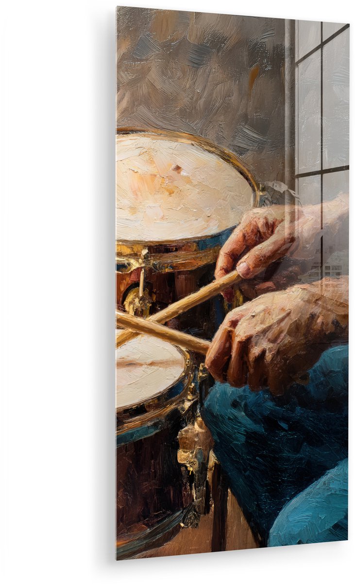 MuchoWow® Glasschilderij 20x40 cm - Schilderij acrylglas - Drumstokken - Olieverf - Man - Foto op glas - Muurdecoratie woonkamer - Wanddecoratie slaapkamer - Schilderijen