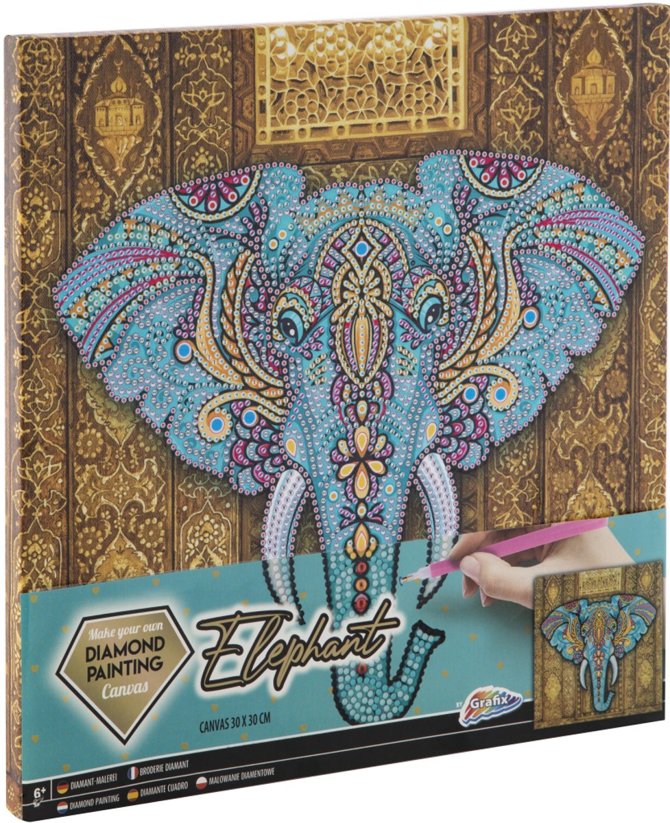 Grafix Diamond Painting Op Canvas | Olifant | Formaat 30x30cm | diamond painting pakket volledig | Thema Dieren | Diamond painting op canvas | Inclusief Diamond painting pen en schudbakje | Eindresultaat ophangen aan de muur — afbeelding 8