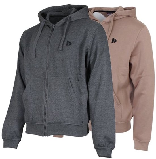 Donkergrijs en taupekleurig joggingvest met capuchon, naast elkaar.