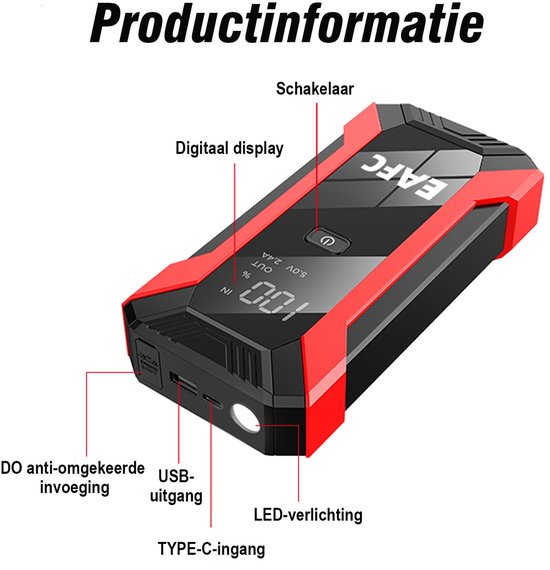 Zwarte en rode EAFC jumpstarter met digitale display, schakelaar, USB-uitgang, TYPE-C-ingang, DO anti-omgekeerde invoeging en LED-verlichting.