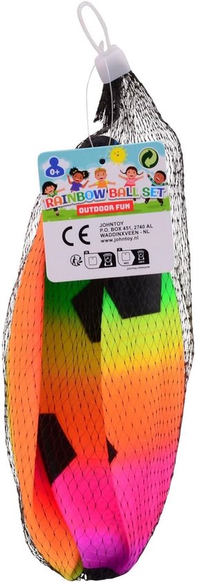 Twee ballen in regenboogkleuren in een net, met de tekst "RAINBOW BALL SET".