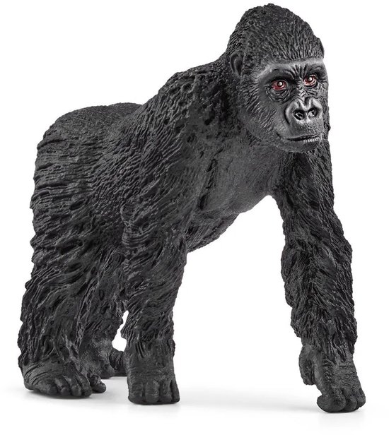 Een zwarte gorilla beeldje met rode ogen, gebogen bovenbenen en een gedetailleerde vacht.