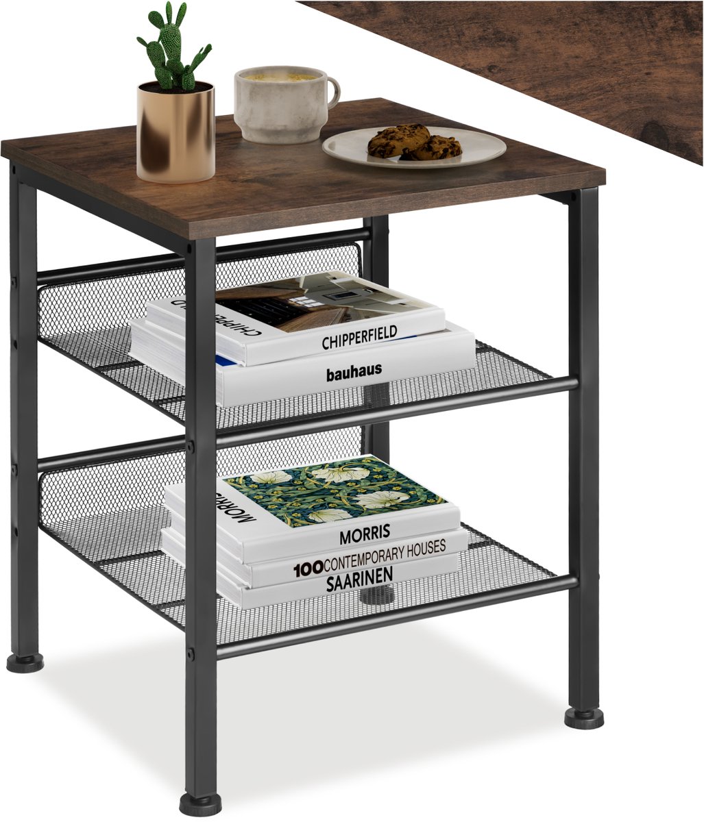 Tectake Bijzettafel met 1 plank en 2 roosterplanken - Nachtkastje in industrieel design - Voor woonkamer, slaapkamer, kantoor, hal - Eenvoudige montage - Zwart metalen frame - Afmeting (LxBxH) 40,5 x 40 x 50,5 cm - Donkerbruin