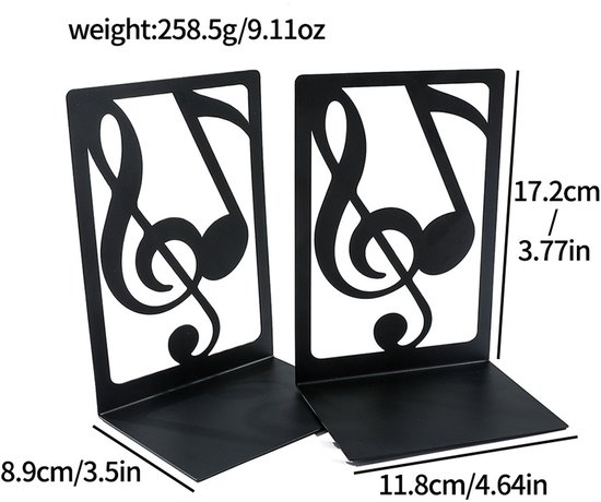 Zwarte boekensteunen met muzikale noten, 17.2cm hoog, 11.8cm breed, 8.9cm diep. Gewicht 258.5g.