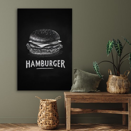 Aluminium schilderij 60x90 cm - Wanddecoratie metaal - Hamburger - Krijttekst - Zwart - Wit - Metalen muurdecoratie woonkamer - Decoratie industrieel - Foto op dibond - Industriële accessoires slaapkamer