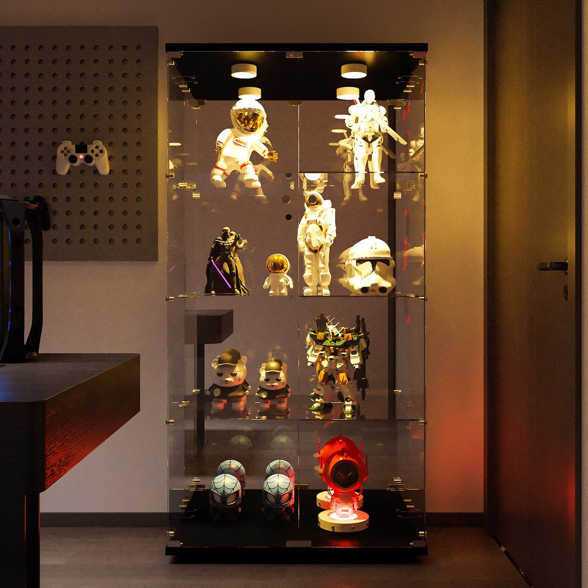 Zwarte Wijnkast 4-Lagen – Dubbele Deuren, Spiegelglas Achterwand, LED-verlichting, Modern Design