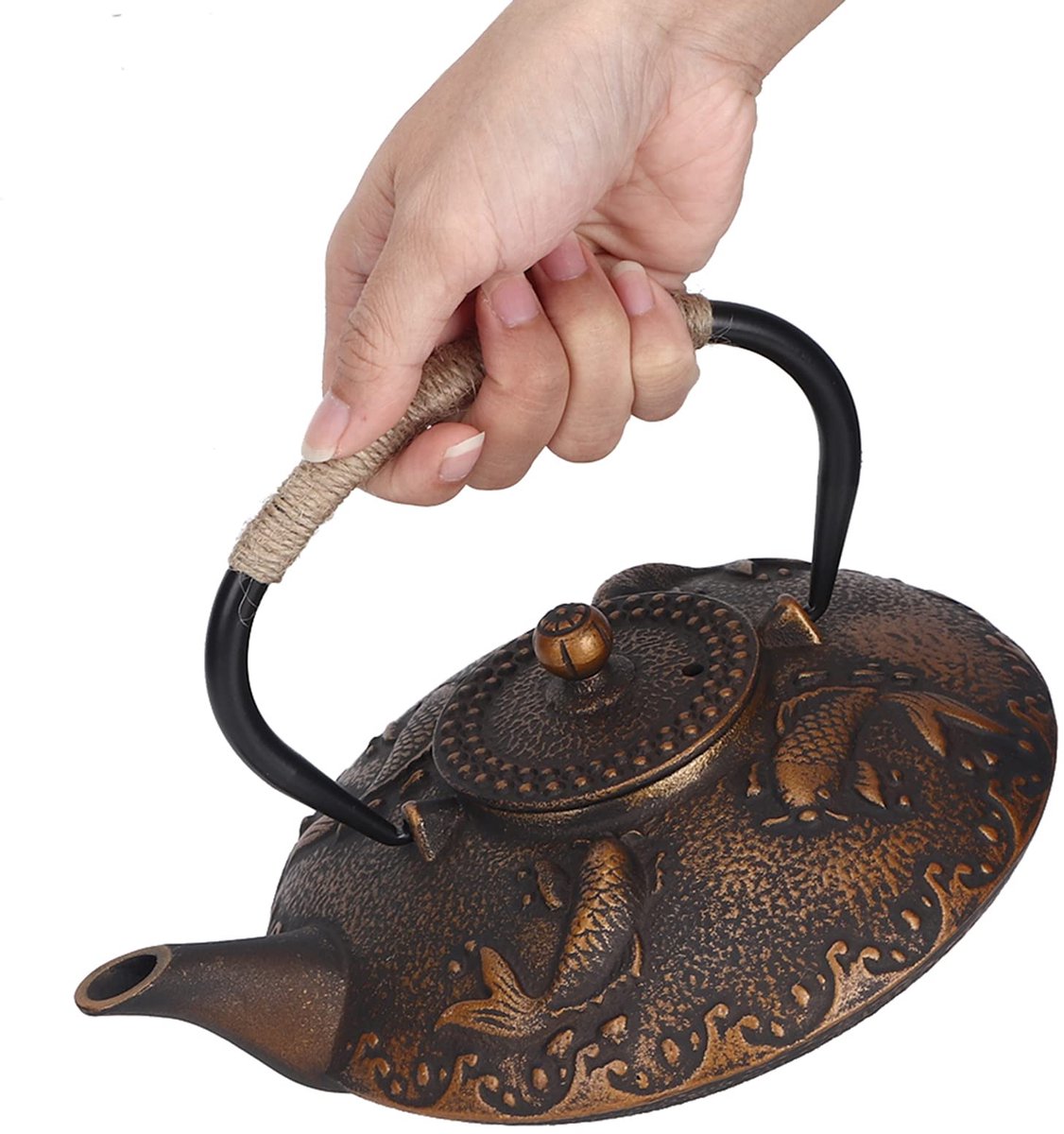 Vintage Iron Kettle, Cast Iron Teapot, Koi Fish Cast Iron Teapot Set with Handle and Lid, Suitable for Making Tea and Collection (0.9L)