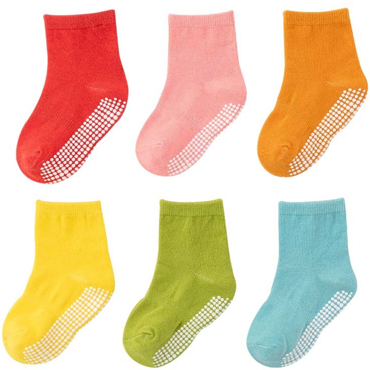 Baby Sokken - 6 Paar - Maat M - Baby Sokjes - Katon - Antislip Sokken - Slofsokken - Warme Sokken - Voor Pasgeboren, Zwangere vrouwen en Baby Cadeau - 1-3 Jaar Oud - Baby Cadeau - Rood, roze, oranje, geel, groen en blauw