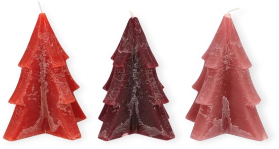 Daan Kromhout - Kerstboomkaarsen - Pine Tree - Set/3 - Rood, Bordeaux en Roze - 6x8cm