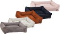 Vijf ribstof hondmanden in verschillende kleuren: grijs, gebroken wit, oranje, donkerblauw, roze.