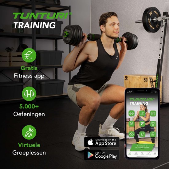 Tunturi Halter et haltères en caoutchouc - Ensemble d'haltères 28 kg - Barre avec poids - Set Barbell - Fermeture à vis 30 mm - Poignée antidérapante