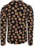 Zwart shirt met all-over bloemenprint in geel en roze. Lange mouwen en hoge hals, achterkant.