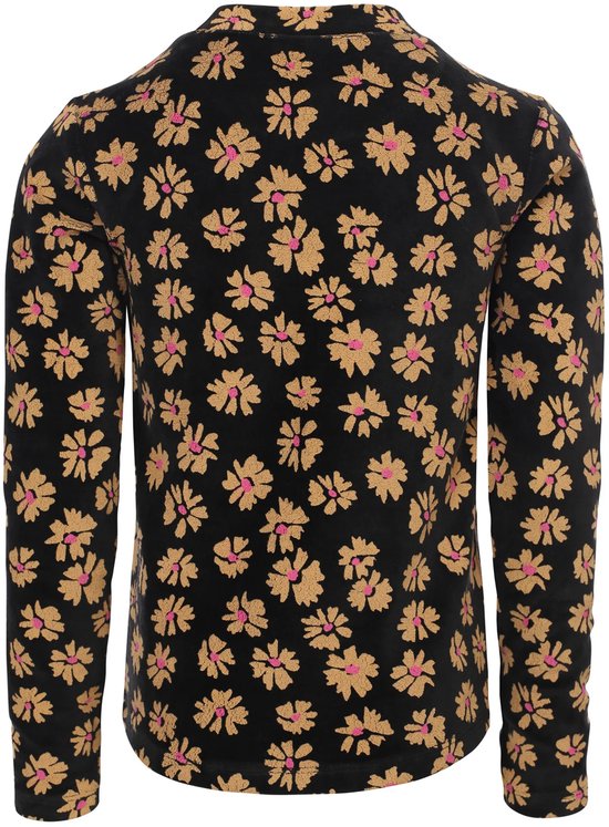 Zwart shirt met all-over bloemenprint in geel en roze. Lange mouwen en hoge hals, achterkant.