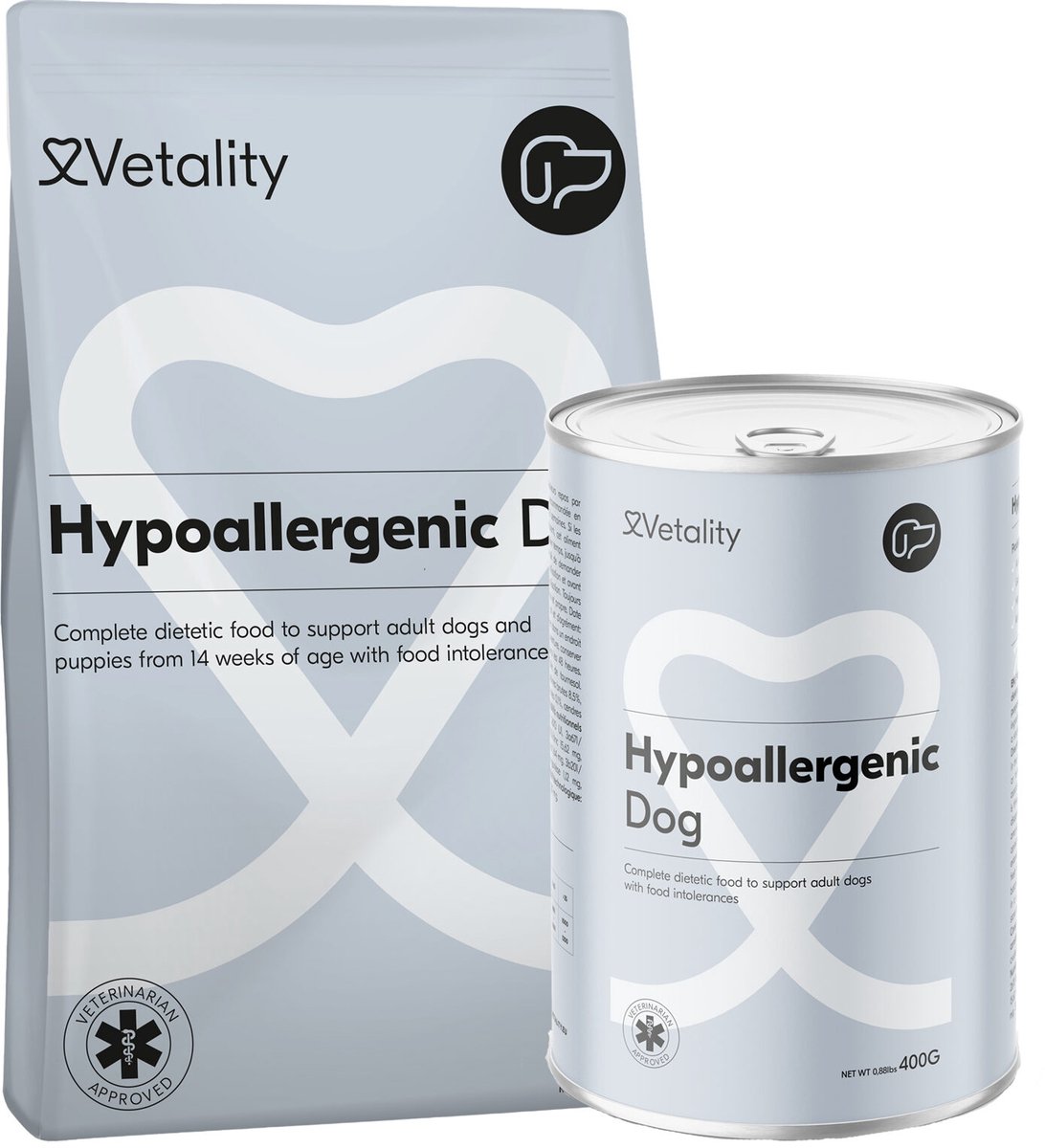 Vetality Hypoallergeen Hondenvoer - 3 kg + 6 x 400 g - Hondenvoer Blik - Licht Verteerbaar Hondenvoer - Voor Pups vanaf 14 Weken en Volwassen Honden