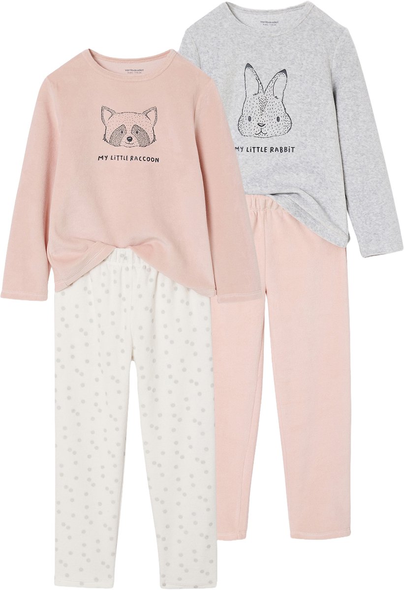 vertbaudet Set van 2 pyjama fluweel / velours dieren Meisje gemêleerd grijs