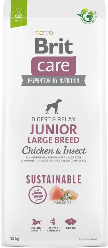 Brit Care Sustainable Junior Large Breed Digest & Relax Kip&Insecten - Hondenvoer - 12 kg