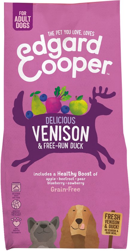 Roze zak Edgard Cooper hondenvoer met illustraties van hert, fruit en twee honden.