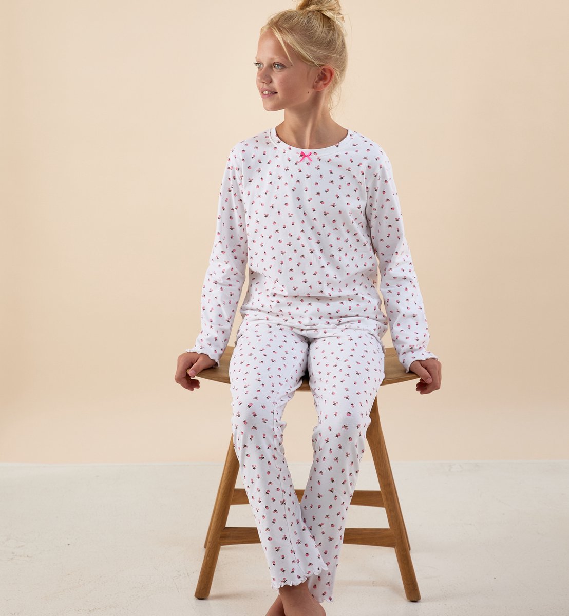 Little Label - emma pyjama meisjes - roosjes roze - 12Y/146-152 - extra zachte bio-katoen