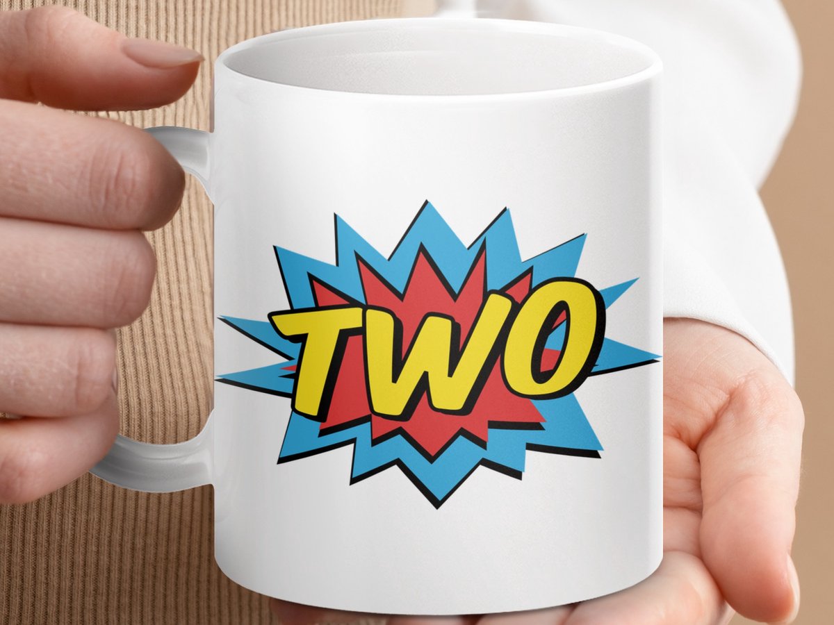 Mok Two Superhero Style Mug, Comic Book Mug, Number Two Mug, Pop Art Mug, Gift Idea