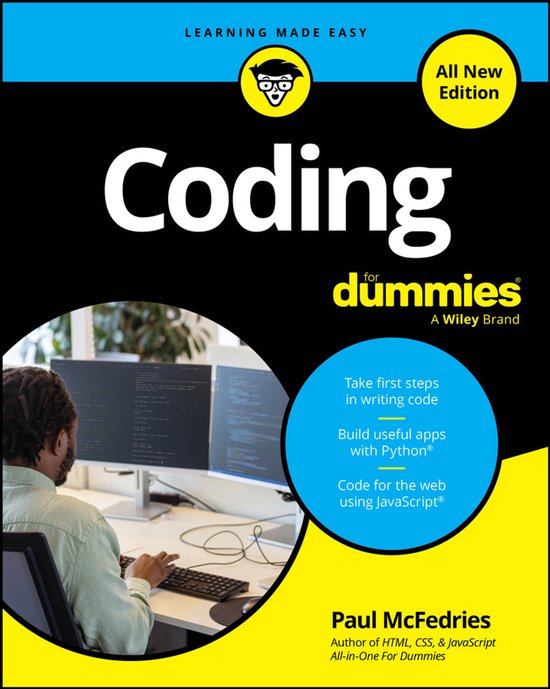 Boek "Coding For Dummies, All New Edition". Een man zit achter een computer met twee schermen.
