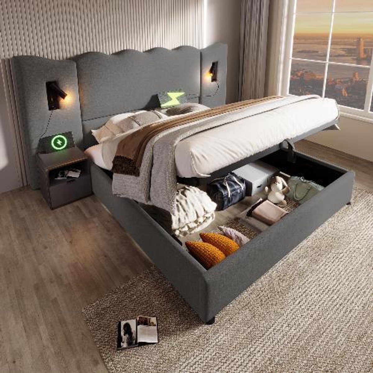 KOMHTOM BLACKCOLORS Gestoffeerd bed 160x200 cm met opbergruimte, leeslamp en USB Type-C, linnen Grijs