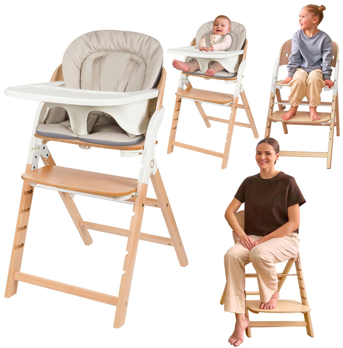 Lionelo Megan – Houten Kinderstoel / Eetstoel Baby – Meegroeistoel 3in1: van 6 mnd tot 110 kg – Verstelbare: Zitting Voetsteun & Tafel – 5-puntsgordel – Dienblad met siliconen inzet – Wasbaar Kussen – Antislipvoetjes – Baby Stoel