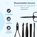 Zwarte schaar, tang, pincetten en vijlen, aangeduid met 'Comfortabel', 'Luxe uitstraling' en 'Scherpe mesbladen'.