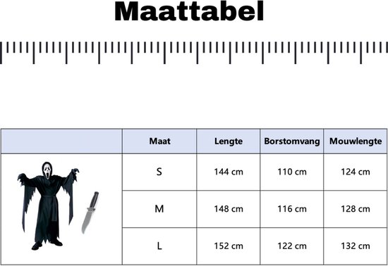 Maattabel voor een kostuum met afbeeldingen van een spookkostuum en mes, en maten S, M, L.