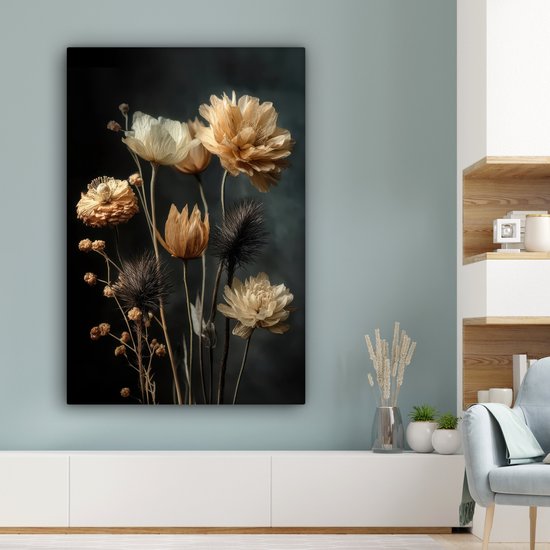 Tableau sur toile 80x120 cm - Décoration murale Bouquet - Fleurs - Lumière - Zwart - Décoration murale salon - Décoration chambre - Accessoires chambre - Peintures sur toile