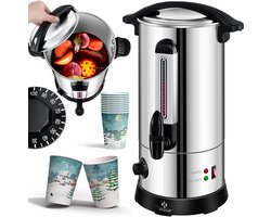 KESSER® Gluhweinketel 10 Liter - Elektrische Ketel voor Gluhwein - Glühweinketel Roestvrij Staal Incl. 10x Mokken Warm Dranken Dispenser voor Glühwein met Thermostaat Water Koker - Zilver