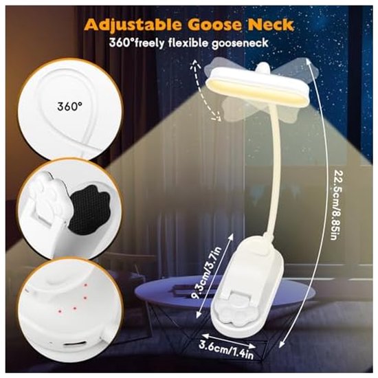 Leeslamp, flexibele, 360° oplaadbare USB-leeslamp, bescherming tegen verduistering, geschikt voor boekenliefhebbers, beddengoed, kantoorartikelen, reisartikelen van Merkloos — afbeelding 3