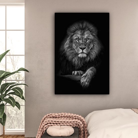 Tableau sur toile - Animaux sauvages - Lion - Zwart - Wit - Toile sur toile - Tableau sur toile - 80x120 cm - Salon - Décoration murale