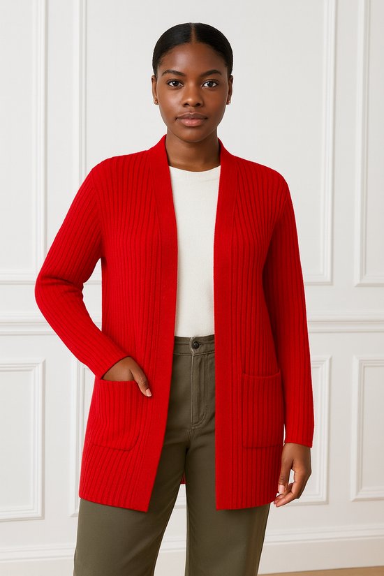 ASTRADAVI Dames Mode - Mooi ribgebreid vest met 2 zakken - One Size - Rood