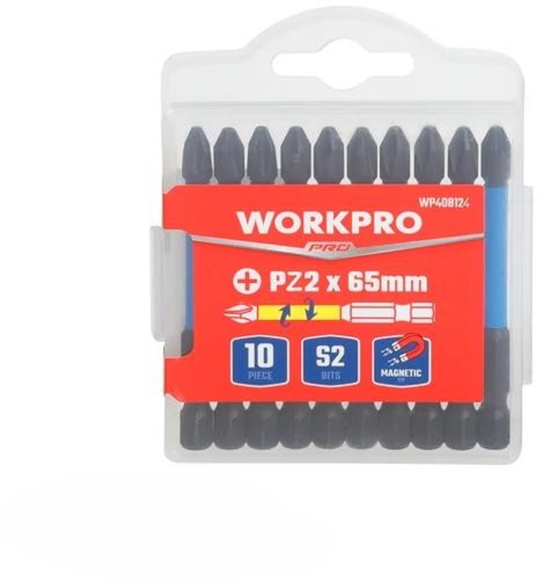 WORKPRO WP408124 – Schroefbitset PZ2 – 10 stuks – 65 mm – S2-staal – Magnetische punt – Quick-Change 1/4"