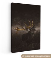 Canvas schilderij - Hert goud portret 80x120 - Kamer decoratie accessoires - Dieren schilderijen woonkamer - Natuur wanddecoratie slaapkamer - Muurdecoratie keuken - Wanddoek interieur binnen - Woondecoratie huis - Woonaccessoires