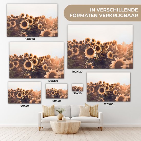 Tableau Toile Tournesols - Champ - Coucher de Soleil - Fleurs - Jaune - 120x80 cm - Décoration murale