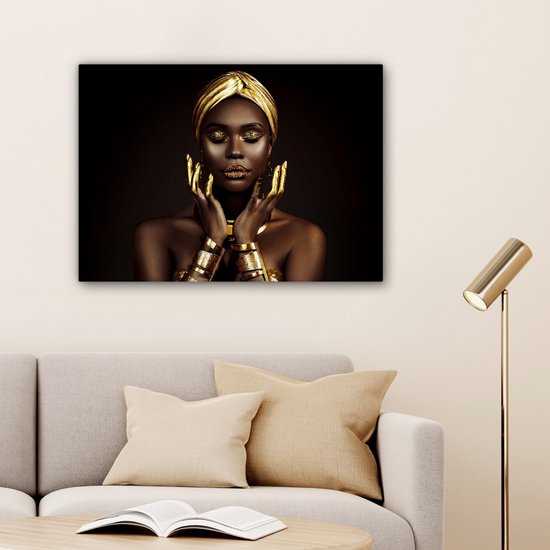 Canvas Schilderij 80x60 cm - Vrouw - Abstract - Goud - Portret - Wanddecoratie slaapkamer - Muurdecoratie woonkamer - Kamer decoratie - Wanddoek interieur binnen - Vrouwen schilderijen