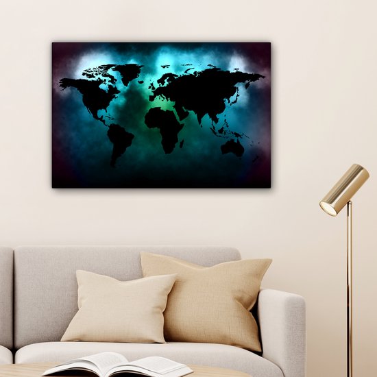 Carte du monde noir sur fond sombre aux couleurs des aurores boréales 60x40 cm